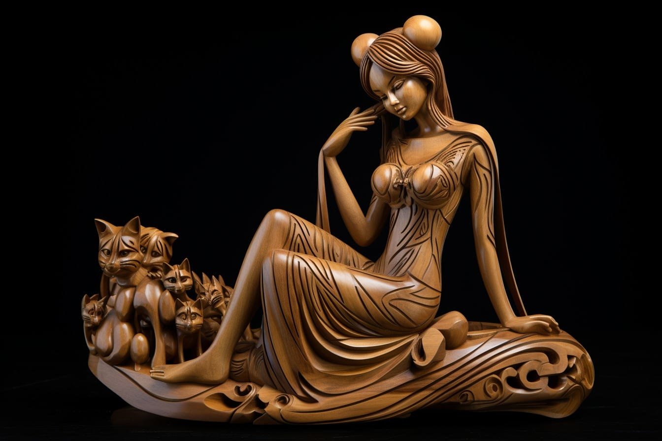 Carved girl with cats statue 001