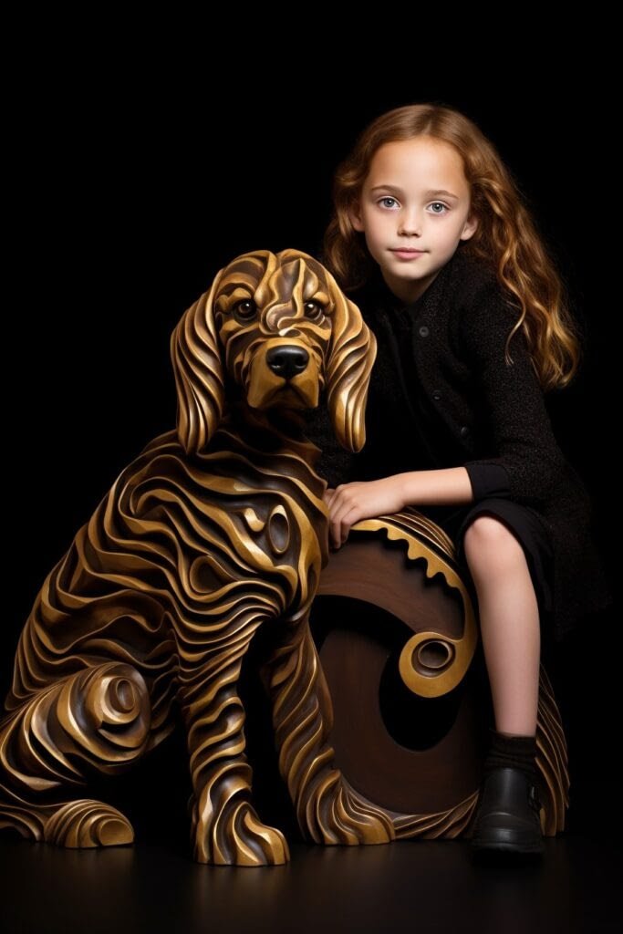 Girl and carved dog statue 004