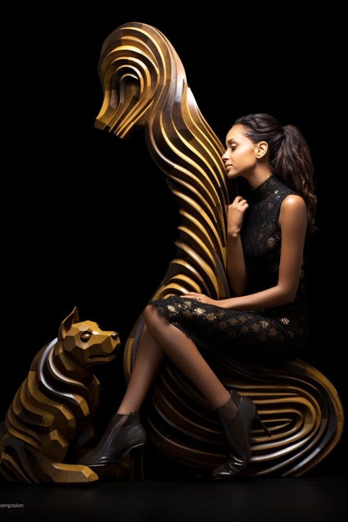 Girl and carved dog statue 001