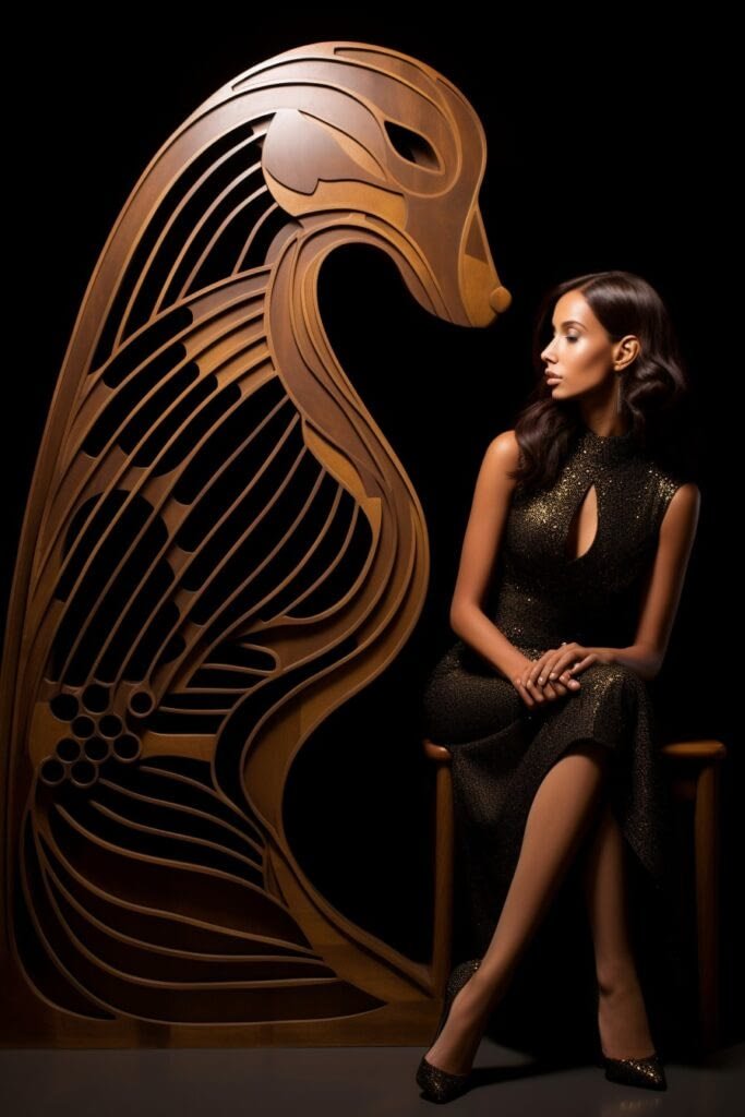 Girl and carved dog statue 002